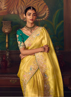 Monjolika Fashion Yellow Zari Woven Silk Blend Embroidered Saree For Wedding Wear | Grocsy