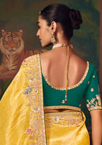 Monjolika Fashion Yellow Zari Woven Silk Blend Embroidered Saree For Wedding Wear | Grocsy