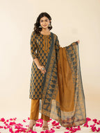 Yufta Military Green Cotton Straight Kurta Dupatta Pant Set | Grocsy