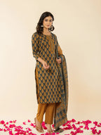 Yufta Military Green Cotton Straight Kurta Dupatta Pant Set | Grocsy
