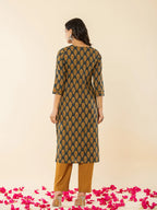 Yufta Military Green Cotton Straight Kurta Dupatta Pant Set | Grocsy