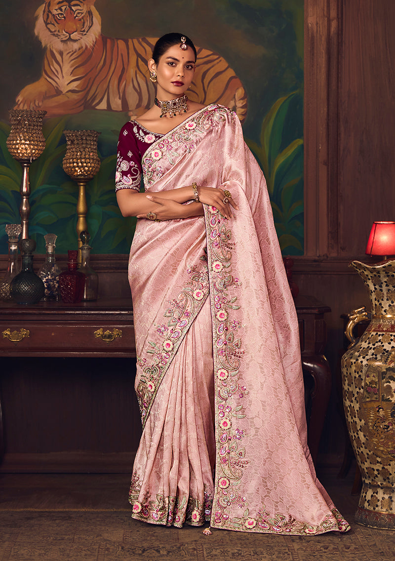 Monjolika Fashion Light Pink Zari Woven Silk Blend Embroidered Saree For Wedding Wear | Grocsy