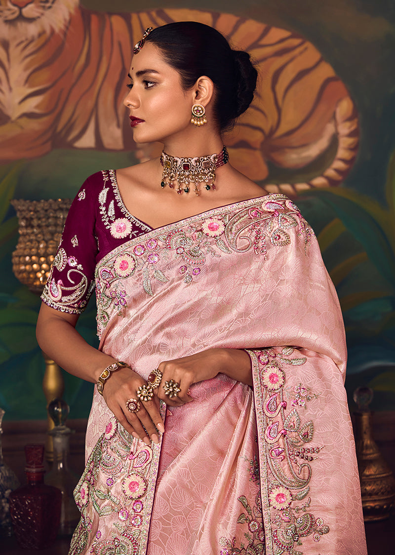 Monjolika Fashion Light Pink Zari Woven Silk Blend Embroidered Saree For Wedding Wear | Grocsy