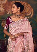 Monjolika Fashion Light Pink Zari Woven Silk Blend Embroidered Saree For Wedding Wear | Grocsy