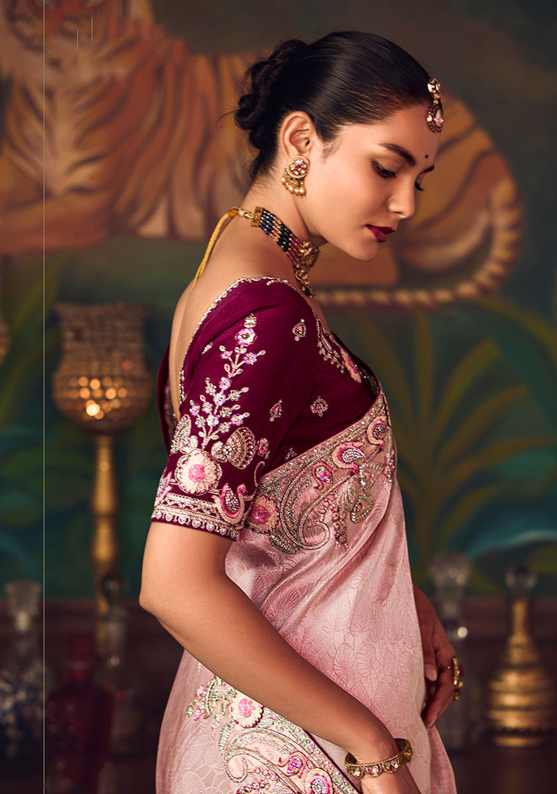Monjolika Fashion Light Pink Zari Woven Silk Blend Embroidered Saree For Wedding Wear | Grocsy