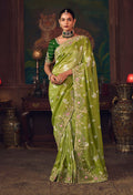 Monjolika Fashion Parrot Green Zari Woven Silk Blend Embroidered Saree For Wedding Wear | Grocsy
