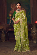 Monjolika Fashion Parrot Green Zari Woven Silk Blend Embroidered Saree For Wedding Wear | Grocsy