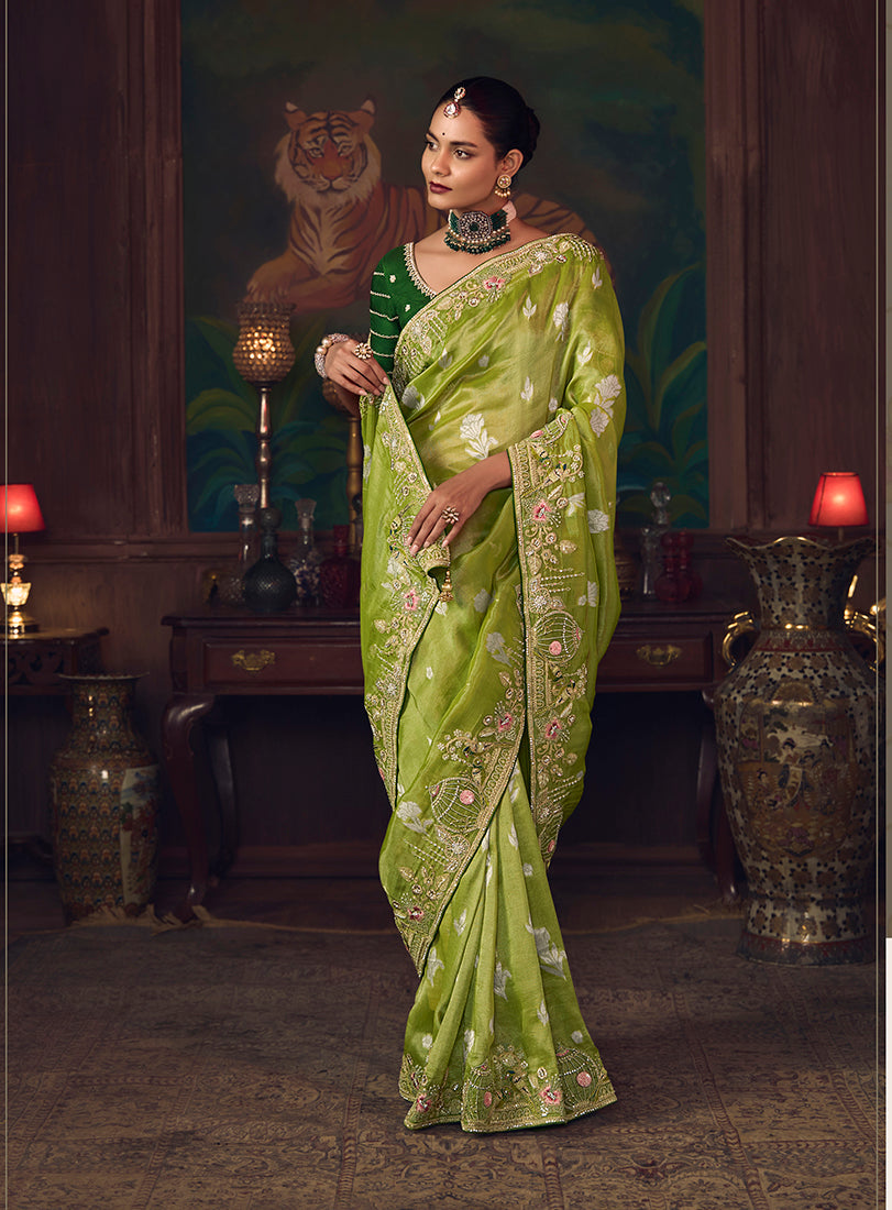 Monjolika Fashion Parrot Green Zari Woven Silk Blend Embroidered Saree For Wedding Wear | Grocsy