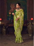 Monjolika Fashion Parrot Green Zari Woven Silk Blend Embroidered Saree For Wedding Wear | Grocsy