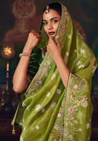 Monjolika Fashion Parrot Green Zari Woven Silk Blend Embroidered Saree For Wedding Wear | Grocsy