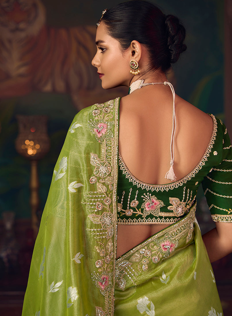 Monjolika Fashion Parrot Green Zari Woven Silk Blend Embroidered Saree For Wedding Wear | Grocsy