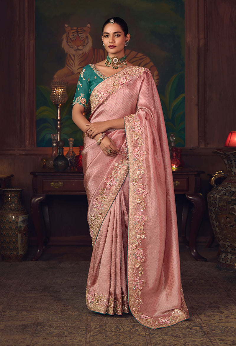 Monjolika Fashion Pink Zari Woven Silk Blend Embroidered Saree For Wedding Wear | Grocsy