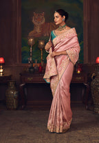 Monjolika Fashion Pink Zari Woven Silk Blend Embroidered Saree For Wedding Wear | Grocsy