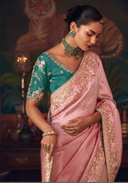 Monjolika Fashion Pink Zari Woven Silk Blend Embroidered Saree For Wedding Wear | Grocsy
