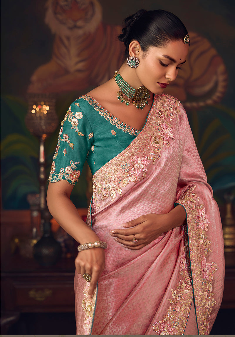 Monjolika Fashion Pink Zari Woven Silk Blend Embroidered Saree For Wedding Wear | Grocsy