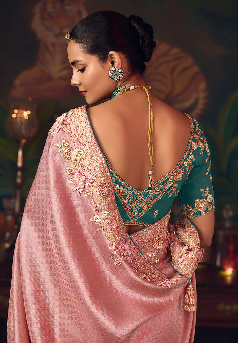 Monjolika Fashion Pink Zari Woven Silk Blend Embroidered Saree For Wedding Wear | Grocsy