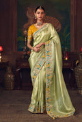 Monjolika Fashion Light Green Zari Woven Silk Blend Embroidered Saree For Wedding Wear | Grocsy