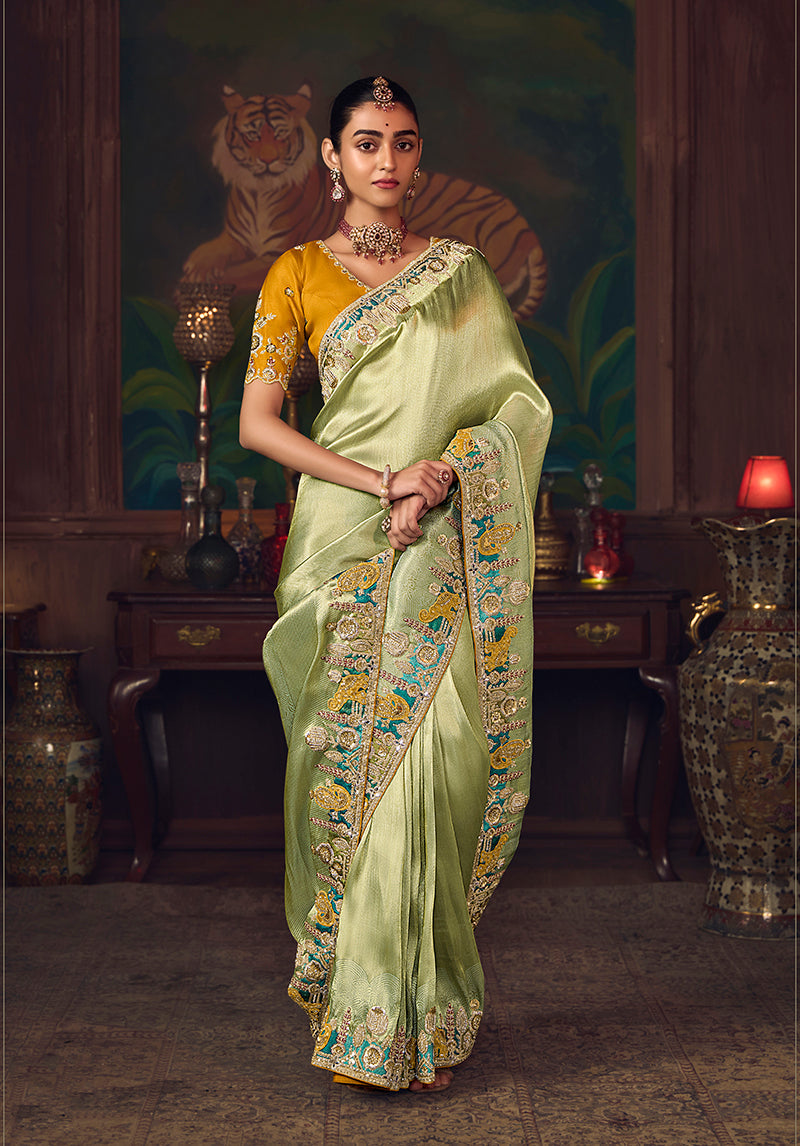 Monjolika Fashion Light Green Zari Woven Silk Blend Embroidered Saree For Wedding Wear | Grocsy