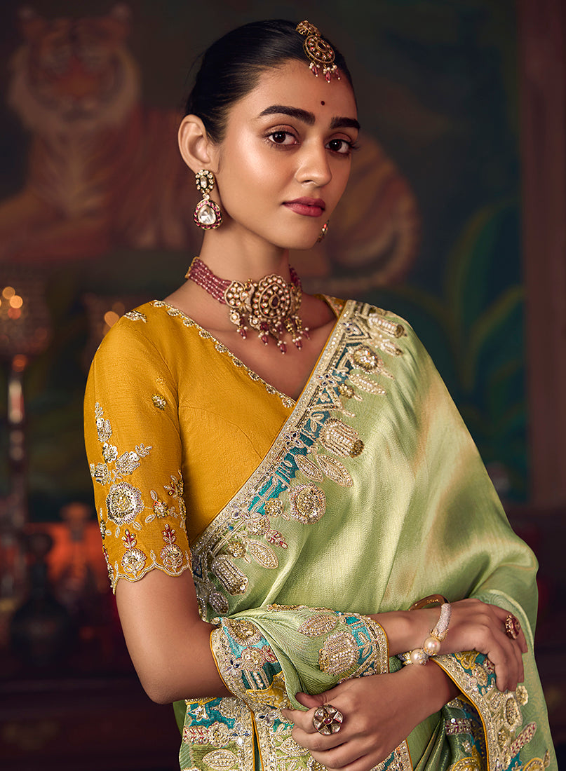 Monjolika Fashion Light Green Zari Woven Silk Blend Embroidered Saree For Wedding Wear | Grocsy