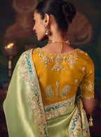 Monjolika Fashion Light Green Zari Woven Silk Blend Embroidered Saree For Wedding Wear | Grocsy