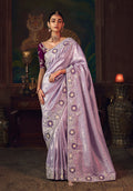 Monjolika Fashion Lavender Zari Woven Silk Blend Embroidered Saree For Wedding Wear | Grocsy