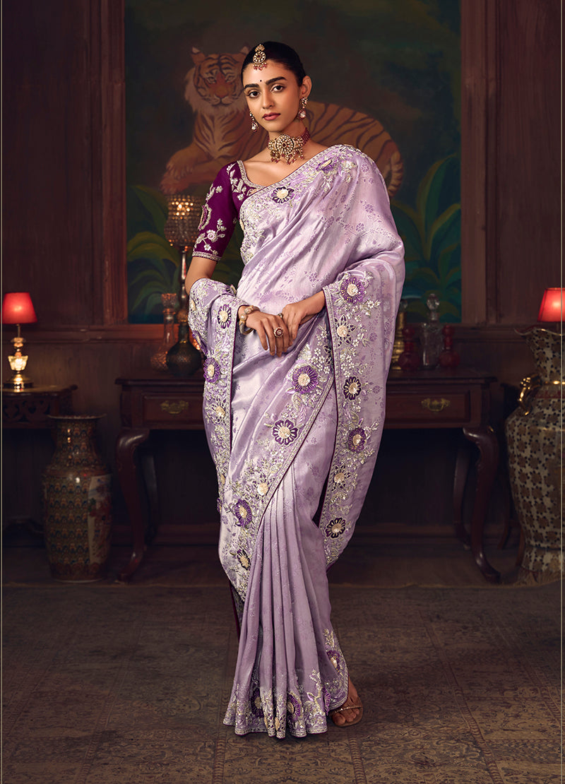 Monjolika Fashion Lavender Zari Woven Silk Blend Embroidered Saree For Wedding Wear | Grocsy