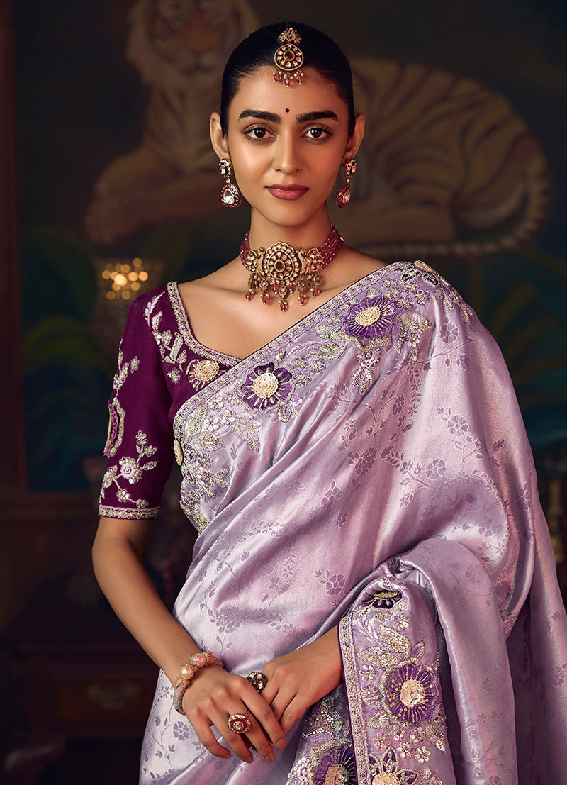 Monjolika Fashion Lavender Zari Woven Silk Blend Embroidered Saree For Wedding Wear | Grocsy