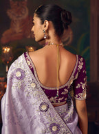 Monjolika Fashion Lavender Zari Woven Silk Blend Embroidered Saree For Wedding Wear | Grocsy