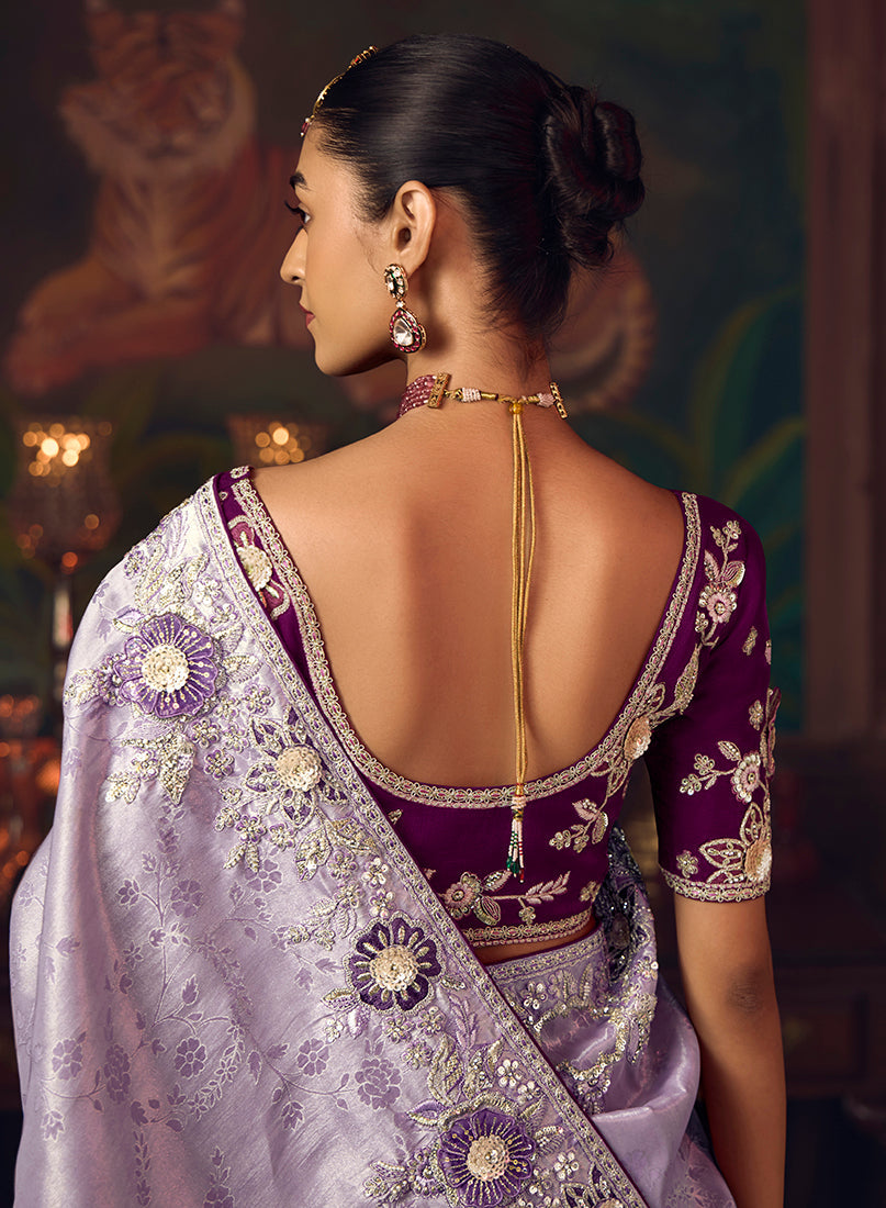 Monjolika Fashion Lavender Zari Woven Silk Blend Embroidered Saree For Wedding Wear | Grocsy