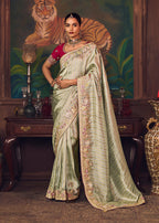 Monjolika Fashion Sea Green Zari Woven Silk Blend Embroidered Saree For Wedding Wear | Grocsy