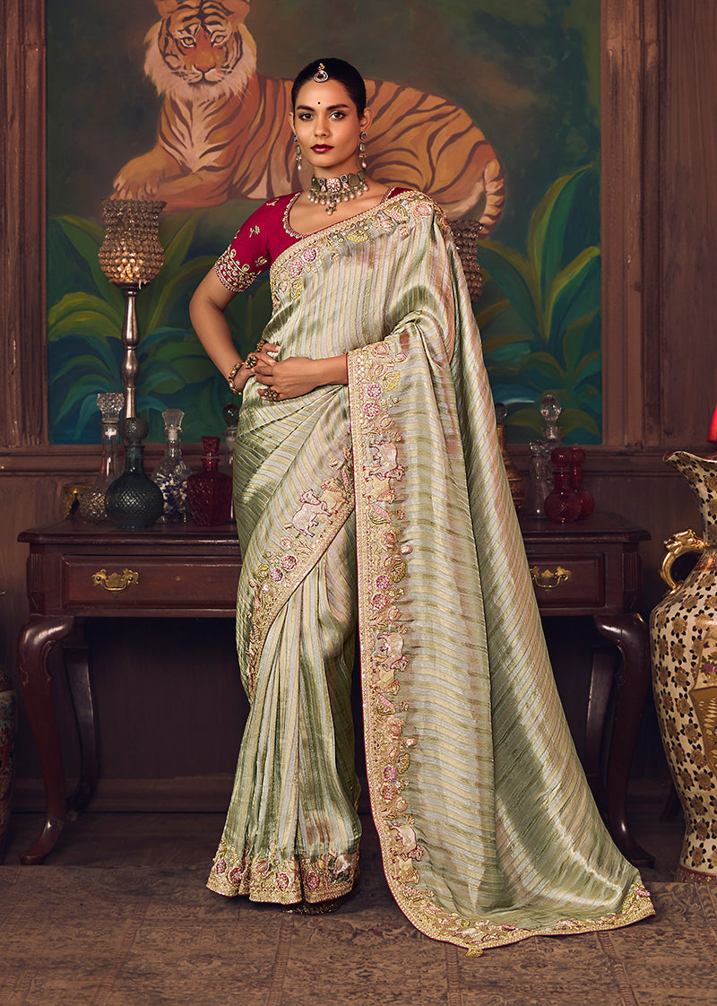Monjolika Fashion Sea Green Zari Woven Silk Blend Embroidered Saree For Wedding Wear | Grocsy