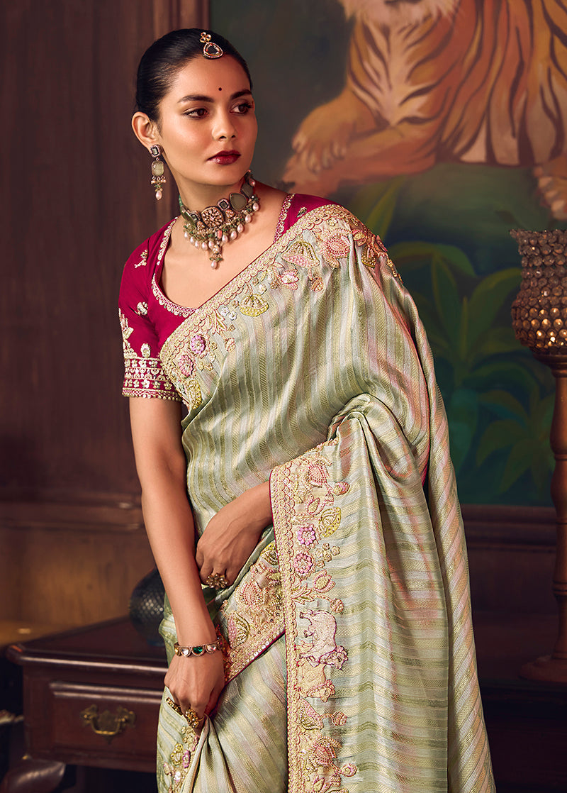 Monjolika Fashion Sea Green Zari Woven Silk Blend Embroidered Saree For Wedding Wear | Grocsy