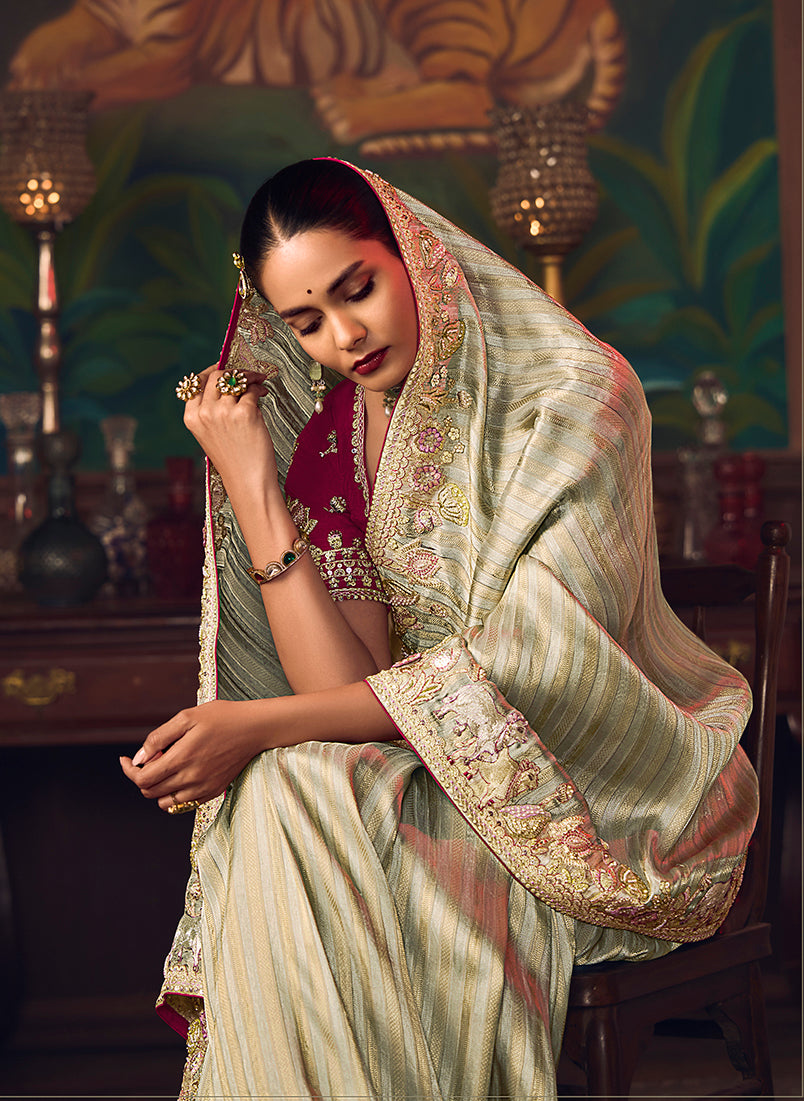 Monjolika Fashion Sea Green Zari Woven Silk Blend Embroidered Saree For Wedding Wear | Grocsy
