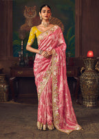 Monjolika Fashion Coral Pink Zari Woven Silk Blend Embroidered Saree For Wedding Wear | Grocsy