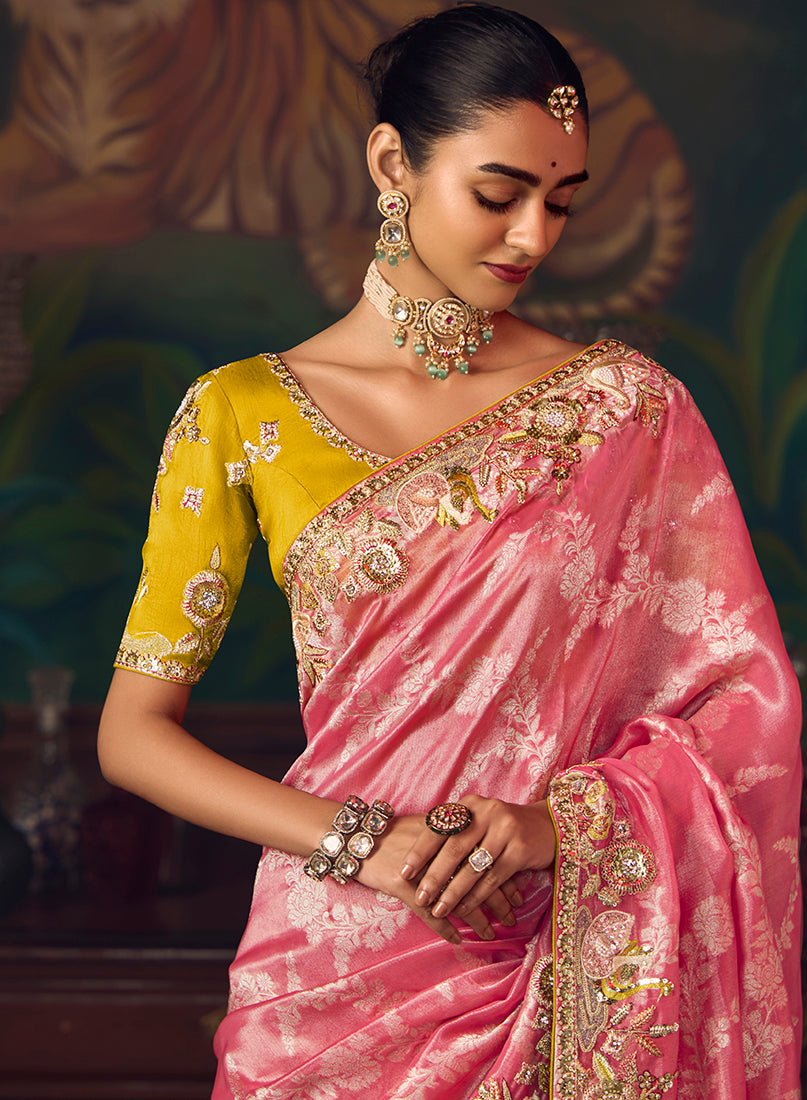 Monjolika Fashion Coral Pink Zari Woven Silk Blend Embroidered Saree For Wedding Wear | Grocsy