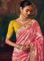 Monjolika Fashion Coral Pink Zari Woven Silk Blend Embroidered Saree For Wedding Wear | Grocsy