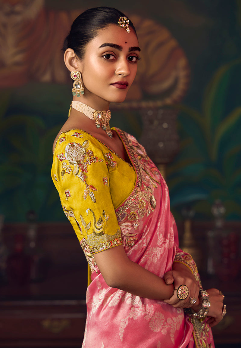 Monjolika Fashion Coral Pink Zari Woven Silk Blend Embroidered Saree For Wedding Wear | Grocsy