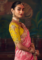 Monjolika Fashion Coral Pink Zari Woven Silk Blend Embroidered Saree For Wedding Wear | Grocsy