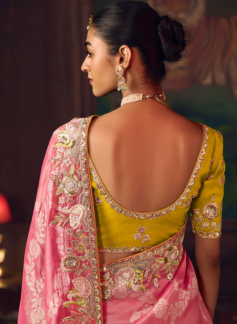 Monjolika Fashion Coral Pink Zari Woven Silk Blend Embroidered Saree For Wedding Wear | Grocsy