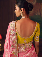 Monjolika Fashion Coral Pink Zari Woven Silk Blend Embroidered Saree For Wedding Wear | Grocsy