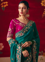 Monjolika Fashion Teal Fancy Fabric Embroidered Thread Work Classic Saree | Grocsy