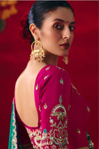 Monjolika Fashion Teal Fancy Fabric Embroidered Thread Work Classic Saree | Grocsy