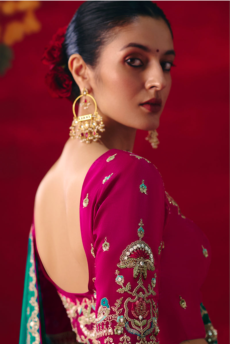 Monjolika Fashion Teal Fancy Fabric Embroidered Thread Work Classic Saree | Grocsy