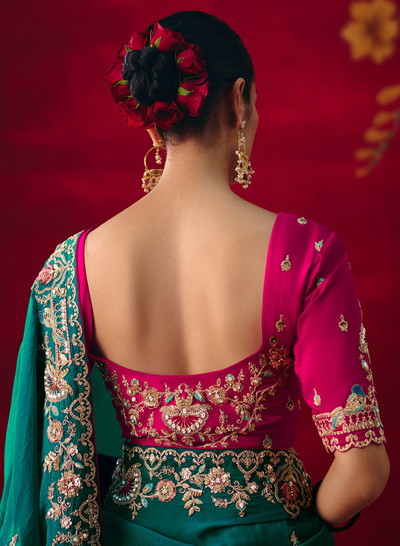 Monjolika Fashion Teal Fancy Fabric Embroidered Thread Work Classic Saree | Grocsy