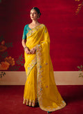 Monjolika Fashion Yellow Fancy Fabric Embroidered Thread Work Classic Saree | Grocsy