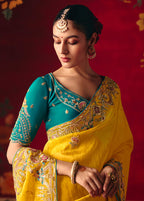 Monjolika Fashion Yellow Fancy Fabric Embroidered Thread Work Classic Saree | Grocsy
