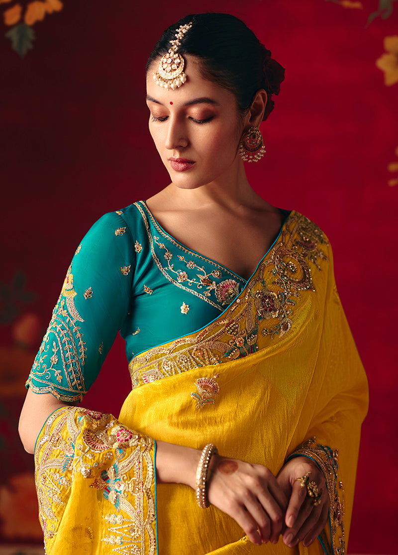 Monjolika Fashion Yellow Fancy Fabric Embroidered Thread Work Classic Saree | Grocsy