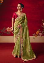 Monjolika Fashion Green Fancy Fabric Embroidered Thread Work Classic Saree | Grocsy