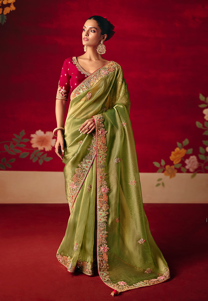 Monjolika Fashion Green Fancy Fabric Embroidered Thread Work Classic Saree | Grocsy
