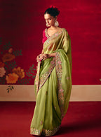 Monjolika Fashion Green Fancy Fabric Embroidered Thread Work Classic Saree | Grocsy